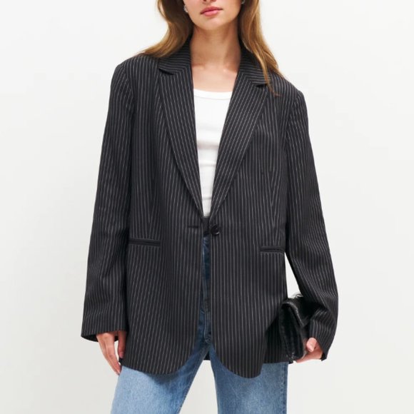 Reformation The Classic Relaxed Blazer - Black And White Stripe - Picture 2 of 7